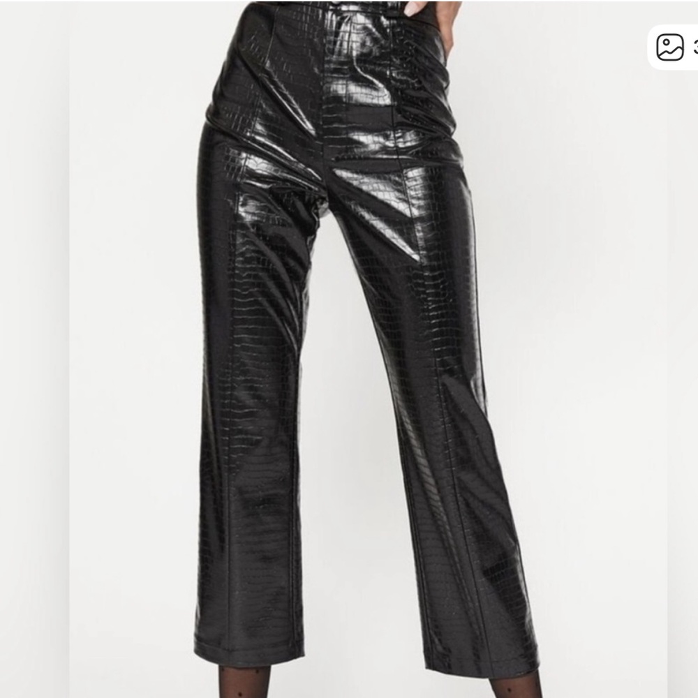 Bardot Shiny Black Crocodile Cropped Pants